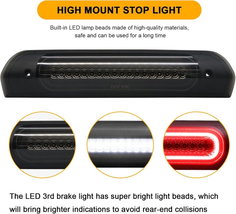 Mynoway LED 3rd Brake Light Compatible with Ram 1500 2002-2008, Ram 2500 3500 2003-2009 Red High Mount Stop Light White LED Cargo High Mount Lamp Smoked Lens - Image 3